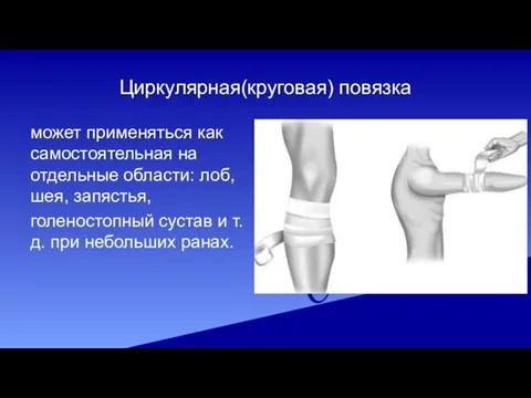 Циркулярная(круговая) повязка может применяться как самостоятельная на отдельные области: лоб, шея,