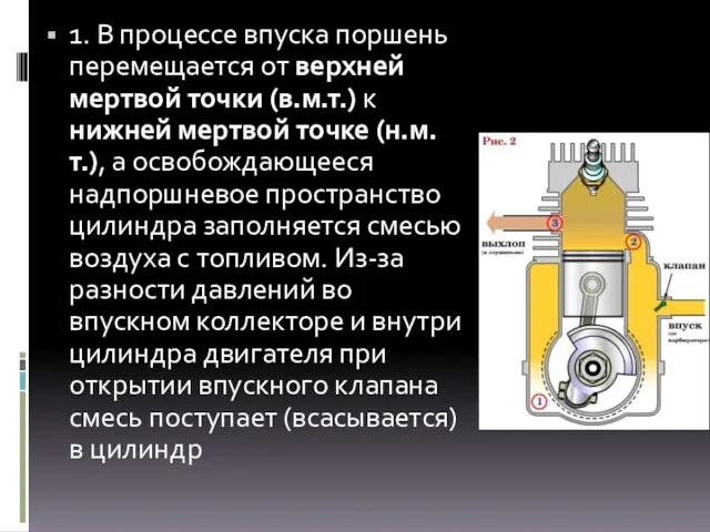 1. В процессе впуска поршень перемещается от верхней мертвой точки (в.м.т.)