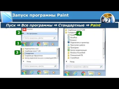 Запуск программы Paint Пуск ⇒ Все программы ⇒ Стандартные ⇒ Paint 1 2 3 4