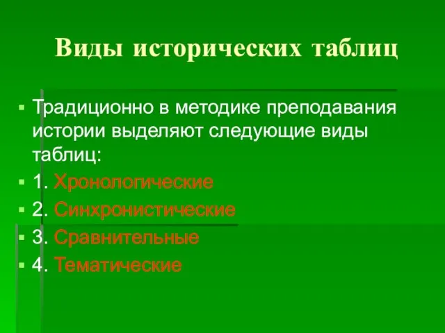 Виды исторических таблиц Традиционно в методике преподавания истории выделяют следующие виды