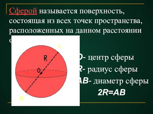 Сферой называется поверхность, состоящая из всех точек пространства, расположенных на данном