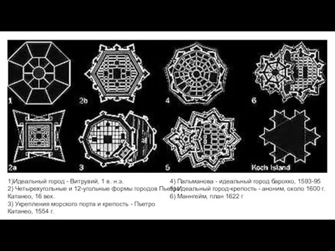 1)Идеальный город - Витрувий, 1 в. н.э. 2) Четырехугольные и 12-угольные