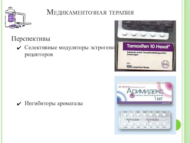 Медикаментозная терапия Перспективы Селективные модуляторы эстрогеновых рецепторов Ингибиторы ароматазы