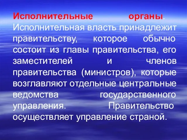 Исполнительные органы. Исполнительная власть при­надлежит правительству, которое обычно состоит из главы