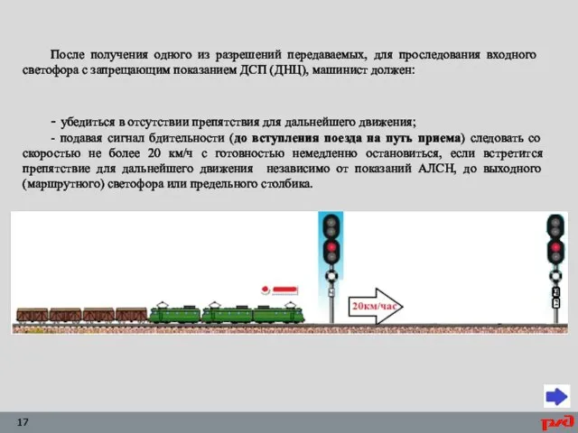 После получения одного из разрешений передаваемых, для проследования входного светофора с