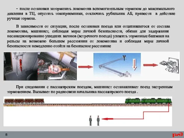 - после остановки затормозить локомотив вспомогательным тормозом до максимального давления в