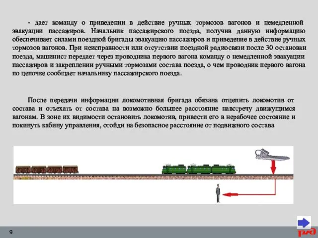 - дает команду о приведении в действие ручных тормозов вагонов и