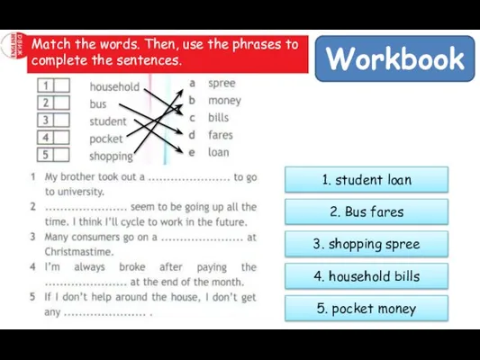 Workbook Match the words. Then, use the phrases to complete the