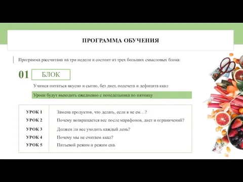 ПРОГРАММА ОБУЧЕНИЯ Программа рассчитана на три недели и состоит из трех