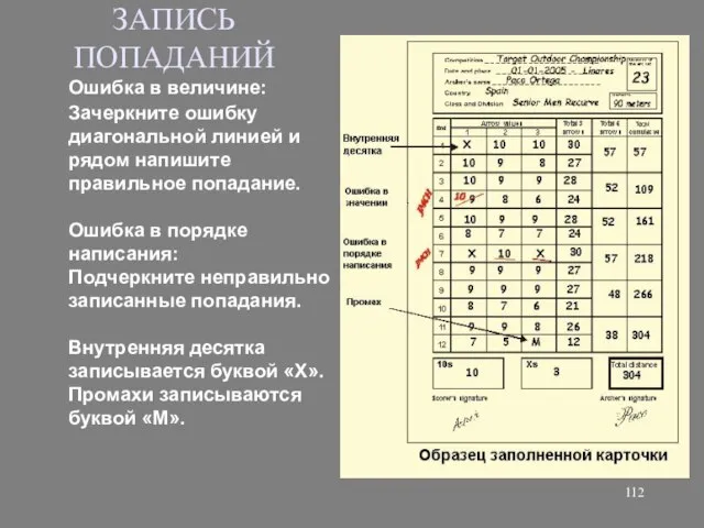 ЗАПИСЬ ПОПАДАНИЙ Ошибка в величине: Зачеркните ошибку диагональной линией и рядом