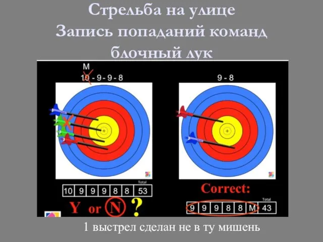 Стрельба на улице Запись попаданий команд блочный лук 1 выстрел сделан не в ту мишень