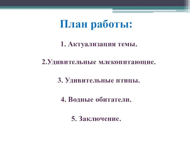 План работы: 1. Актуализация темы. 2.Удивительные млекопитающие. 3. Удивительные птицы. 4. Водные обитатели. 5. Заключение.