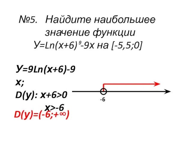 №5. Найдите наибольшее значение функции У=Ln(х+6)⁹-9х на [-5,5;0] У=9Ln(х+6)-9х; D(у): х+6>0 х>-6 -6 D(у)=(-6;+∞)