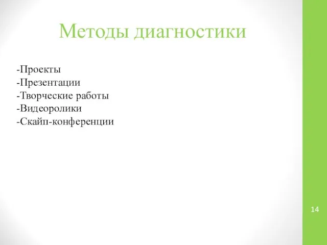 Методы диагностики Проекты Презентации Творческие работы Видеоролики Скайп-конференции
