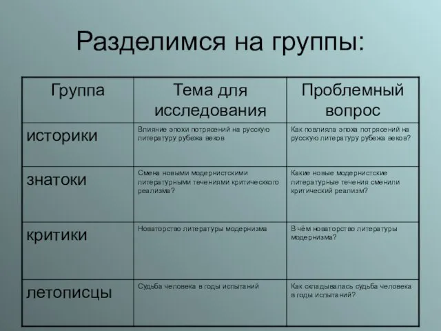 Разделимся на группы: