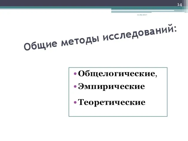 Общие методы исследований: Общелогические, Эмпирические Теоретические 11.09.2017