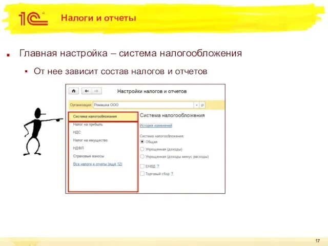 Налоги и отчеты Главная настройка – система налогообложения От нее зависит состав налогов и отчетов