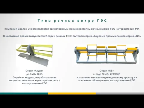 Типы речных микро ГЭС Компания Деалан Энерго является единственным производителем речных