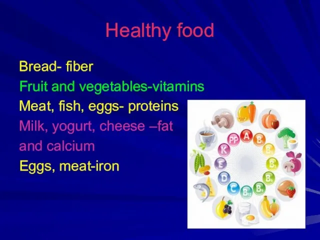 Healthy food Bread- fiber Fruit and vegetables-vitamins Meat, fish, eggs- proteins