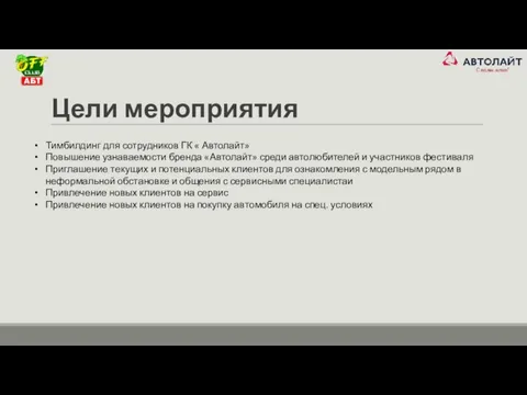 Цели мероприятия Тимбилдинг для сотрудников ГК « Автолайт» Повышение узнаваемости бренда