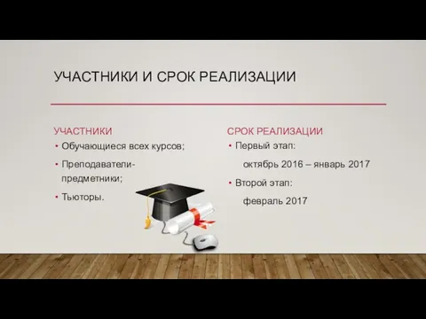 УЧАСТНИКИ И СРОК РЕАЛИЗАЦИИ УЧАСТНИКИ Обучающиеся всех курсов; Преподаватели-предметники; Тьюторы. СРОК