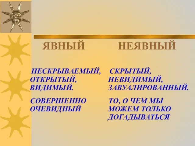 ЯВНЫЙ НЕСКРЫВАЕМЫЙ, ОТКРЫТЫЙ, ВИДИМЫЙ. СОВЕРШЕННО ОЧЕВИДНЫЙ НЕЯВНЫЙ СКРЫТЫЙ, НЕВИДИМЫЙ, ЗАВУАЛИРОВАННЫЙ. ТО,