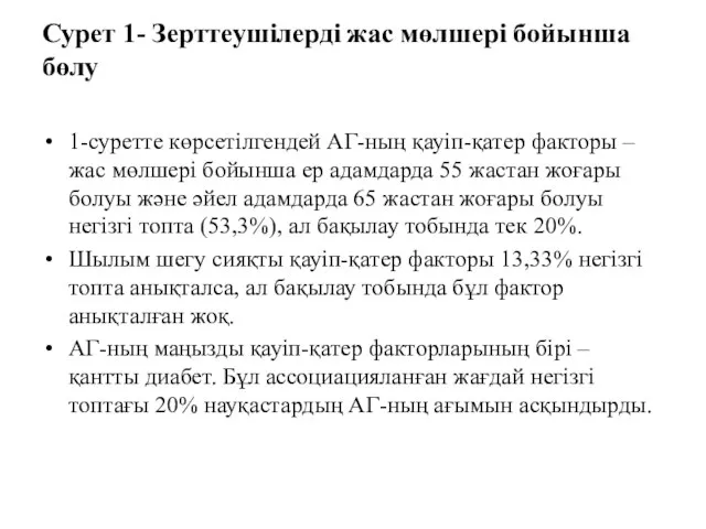 Сурет 1- Зерттеушілерді жас мөлшері бойынша бөлу 1-суретте көрсетілгендей АГ-ның қауіп-қатер