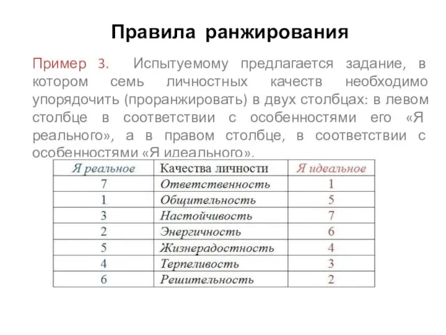 Правила ранжирования Пример 3. Испытуемому предлагается задание, в котором семь личностных