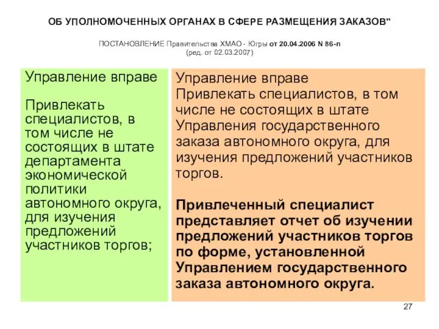 ОБ УПОЛНОМОЧЕННЫХ ОРГАНАХ В СФЕРЕ РАЗМЕЩЕНИЯ ЗАКАЗОВ" ПОСТАНОВЛЕНИЕ Правительства ХМАО -