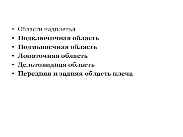 Области надплечья Подключичная область Подмышечная область Лопаточная область Дельтовидная область Передняя и задняя область плеча