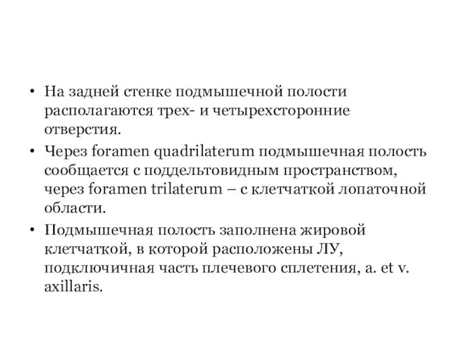 На задней стенке подмышечной полости располагаются трех- и четырехсторонние отверстия. Через