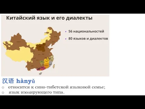 汉语 hànyǔ относится к сино-тибетской языковой семье; язык изолирующего типа.