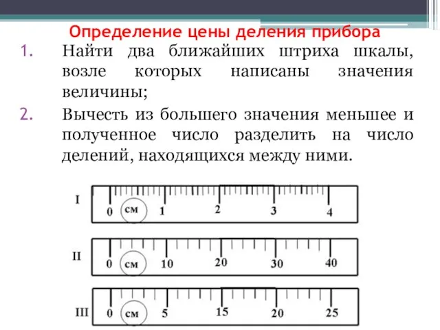 Определение цены деления прибора Найти два ближайших штриха шкалы, возле которых