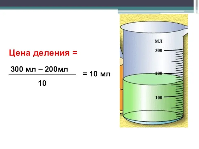 Цена деления = 300 мл – 200мл 10 = 10 мл