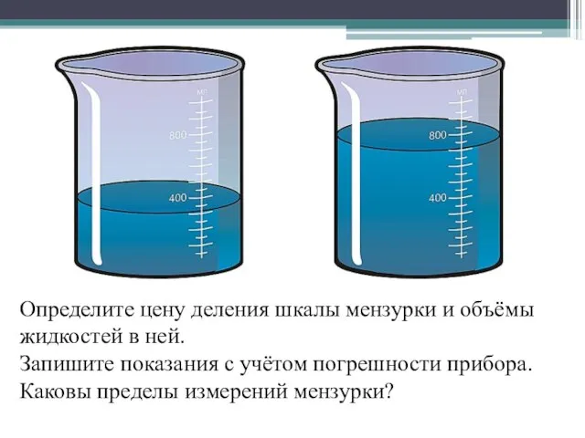 Определите цену деления шкалы мензурки и объёмы жидкостей в ней. Запишите