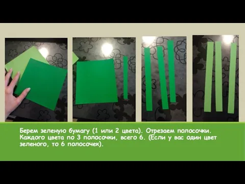 Берем зеленую бумагу (1 или 2 цвета). Отрезаем полосочки. Каждого цвета