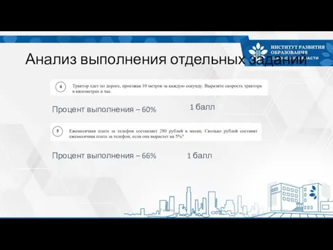 Анализ выполнения отдельных заданий 7 класс Процент выполнения – 60% Процент