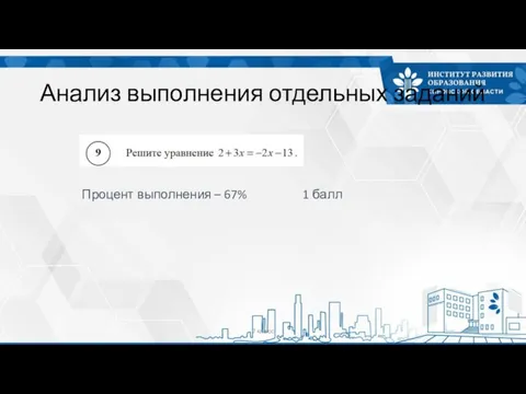 Анализ выполнения отдельных заданий 7 класс Процент выполнения – 67% 1 балл