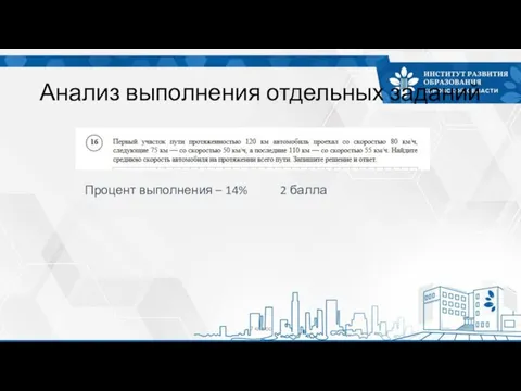 Анализ выполнения отдельных заданий 7 класс Процент выполнения – 14% 2 балла