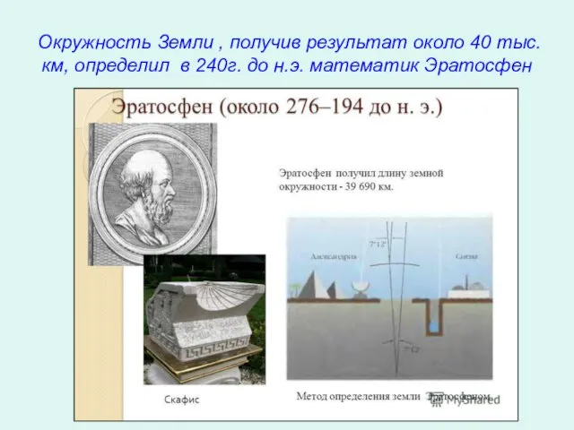 Окружность Земли , получив результат около 40 тыс. км, определил в 240г. до н.э. математик Эратосфен