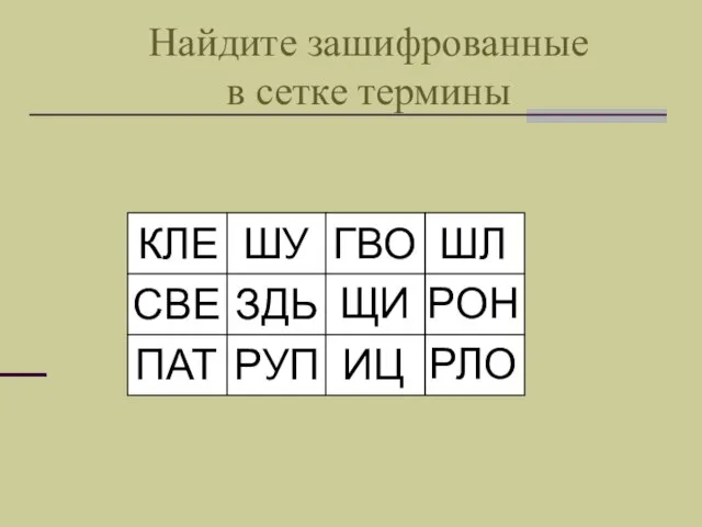 Найдите зашифрованные в сетке термины КЛЕ СВЕ ПАТ ШУ ЗДЬ РУП