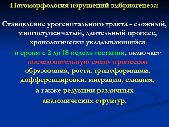 Патоморфология нарушений эмбриогенеза: Становление урогенитального тракта - сложный, многоступенчатый, длительный процесс,