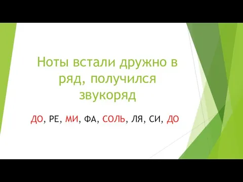 Ноты встали дружно в ряд, получился звукоряд ДО, РЕ, МИ, ФА, СОЛЬ, ЛЯ, СИ, ДО