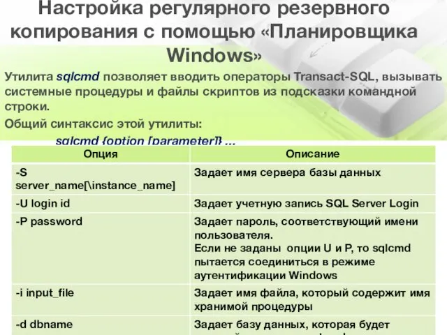 Настройка регулярного резервного копирования с помощью «Планировщика Windows» Утилита sqlcmd позволяет