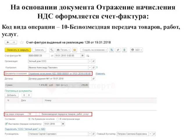 На основании документа Отражение начисления НДС оформляется счет-фактура: Код вида операции