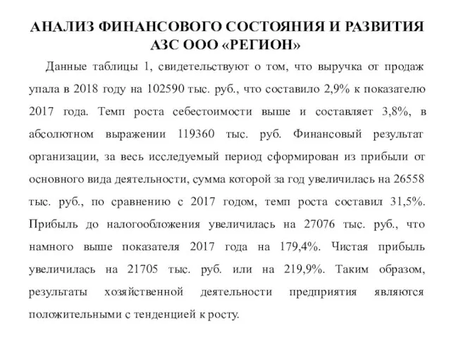 АНАЛИЗ ФИНАНСОВОГО СОСТОЯНИЯ И РАЗВИТИЯ АЗС ООО «РЕГИОН» Данные таблицы 1,