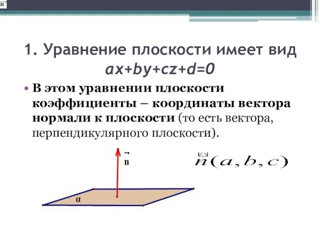 1. Уравнение плоскости имеет вид ax+by+cz+d=0 В этом уравнении плоскости коэффициенты