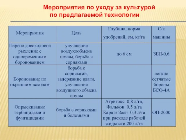 Мероприятия по уходу за культурой по предлагаемой технологии