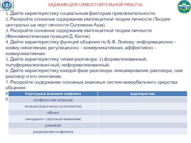 ЗАДАНИЯ ДЛЯ САМОСТОЯТЕЛЬНОЙ РАБОТЫ: 1. Дайте характеристику социальным факторам привлекательности. 2.