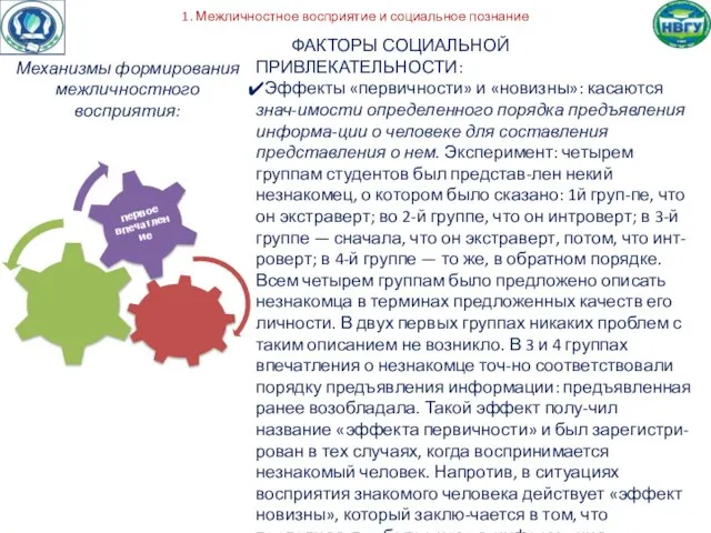 1. Межличностное восприятие и социальное познание Механизмы формирования межличностного восприятия: ФАКТОРЫ